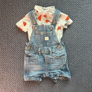 Old Navy Light Blue Denim Kids Overalls and Watermelon Oxford